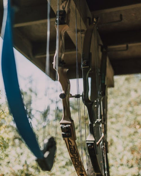 hunting bows hanging from a overhang