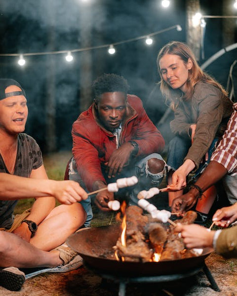 group of people roasting marshmallows around a fire